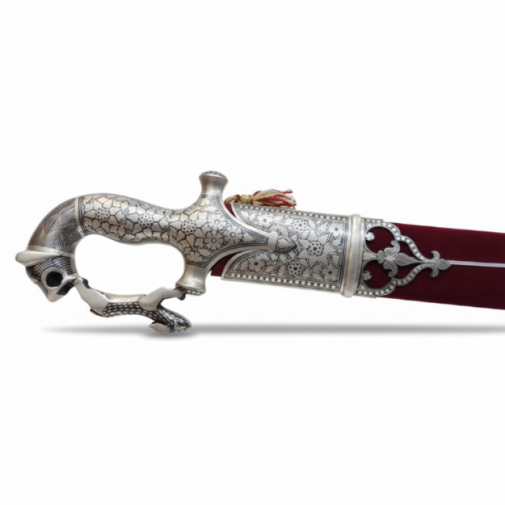 Sword Silver Plated Handle and Silver Work On Cover (Lion-Rabbit Handle)